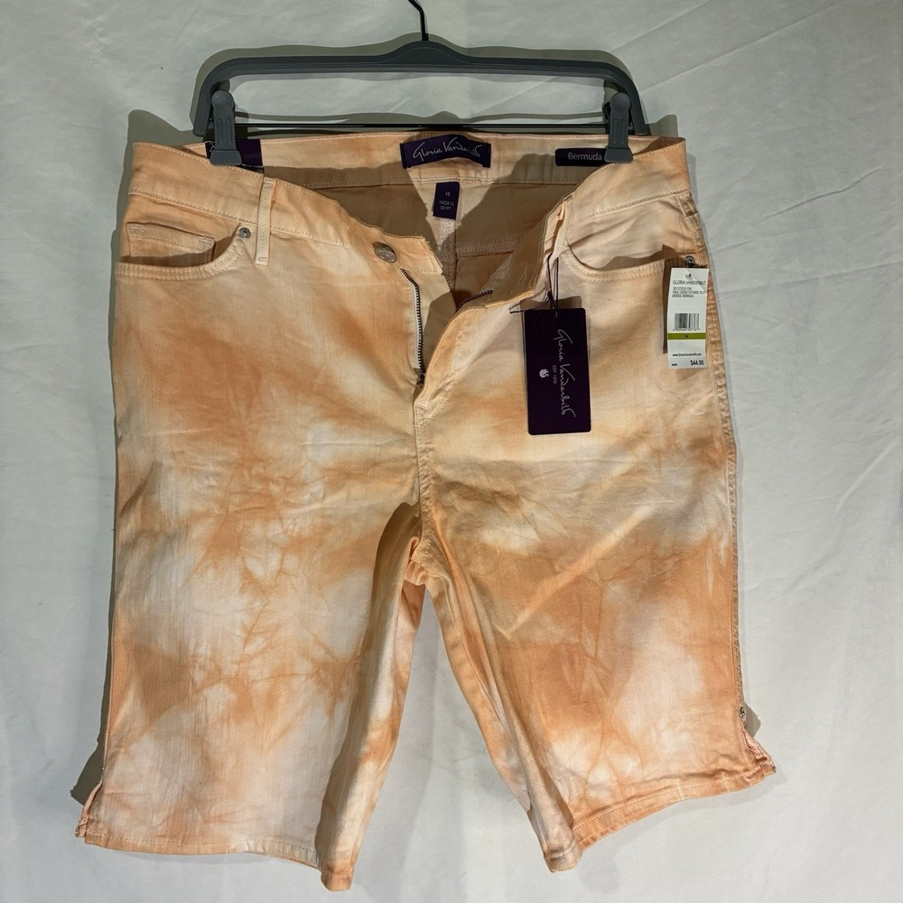 NWT Gloria Vanderbilt Womens Sz 14 Orange & White Tye-Dye Bermuda Shorts Midrise